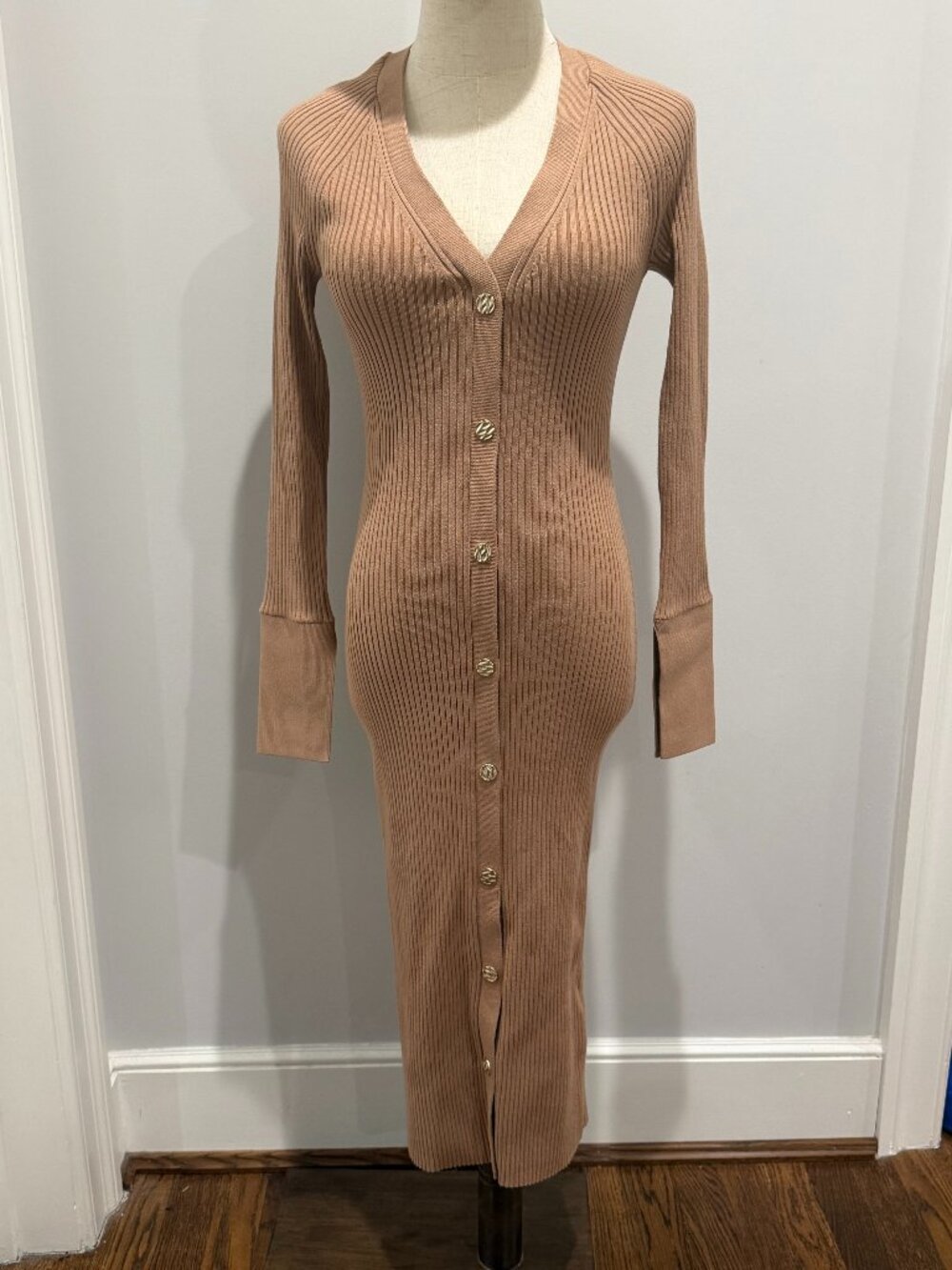 Reiss Avery Camel Ribbed Knit Midi Dress Button Front NWT Size S